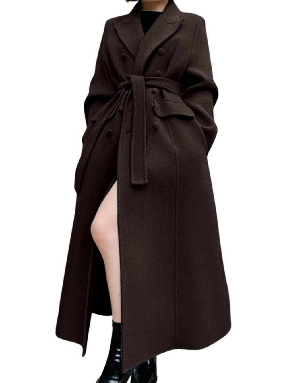 Stylish Women's Long Wool Pea Coat - Double Breasted Trench with Belt, Winter